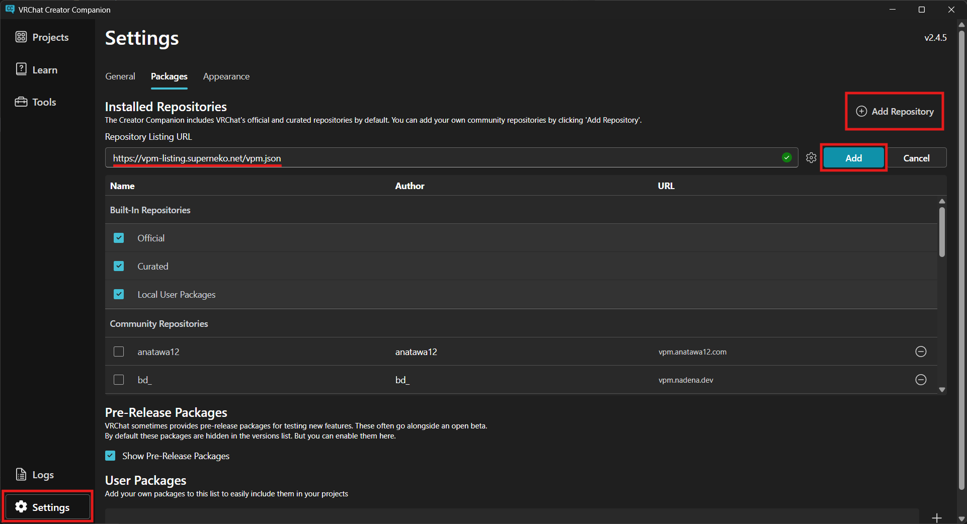 VCCでSettingsのAdd Repositoryをクリックし、URLをペーストしてAddをクリックする